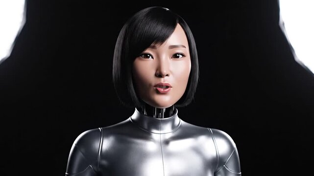 Futuristic Asian Robot Woman with Metallic Skin and Short Black Hair.