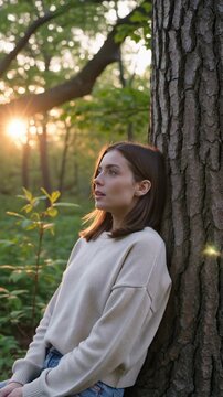 Young woman leaning against tree in forest during golden hour, vertical shot