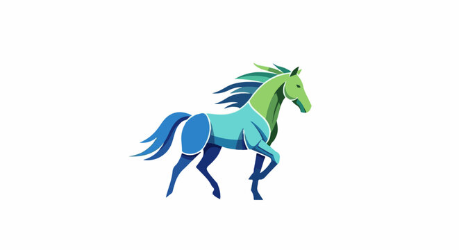 Geometric horse with flowing mane and tail in blue and green