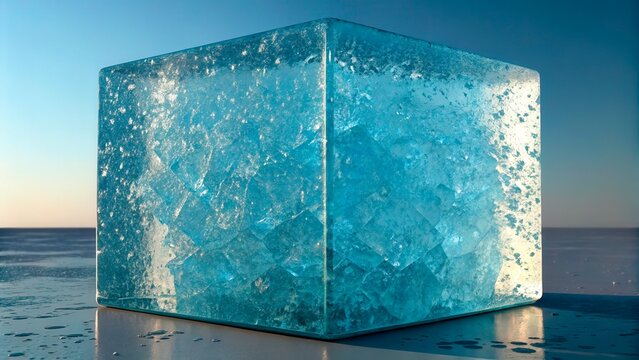 Large ice cube sitting on frozen surface in cold environment during sunset