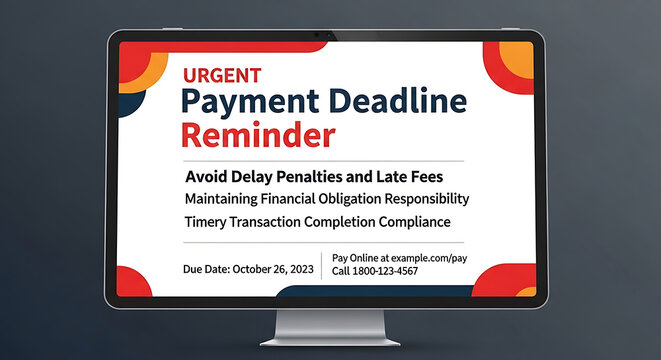 Urgent formal notification for prompt financial payment deadline settlement to avoid expensive late fee and interest penalty on overdue invoice account balance statement notice
