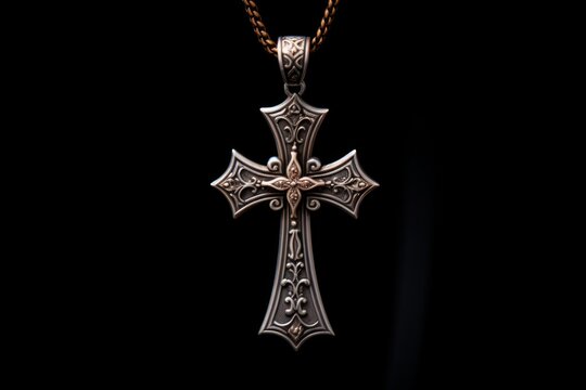 Gothic style sterling silver christian cross pendant on a chain against a dark background