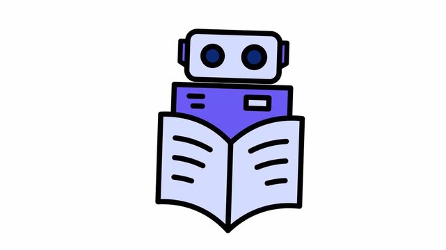 Animated icon of a robot character reading an open book symbolizing AI learning and digital education. Robot Reading Book Icon for Artificial Intelligence and Machine Learning Concept.