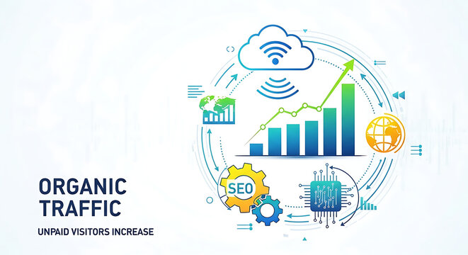 Digital Marketing Concept Illustrating Organic Traffic Growth with Website Analytics Chart Wireless Connectivity Cloud Storage Mechanical Gear Global Connectivity and Integrated Circuit Chip