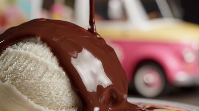 Chocolate Drizzled Ice Cream in Slow Motion