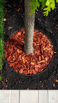 Freshly laid reddish brown shredded wood mulch around tree base in garden setting