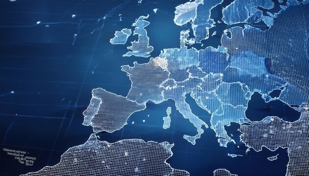 Tactical map of Europe with wireframe grid and blue background for strategic analysis and navigation