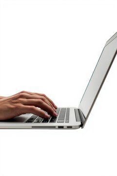 Person typing on a sleek silver laptop with a focused hand position isolated on white background