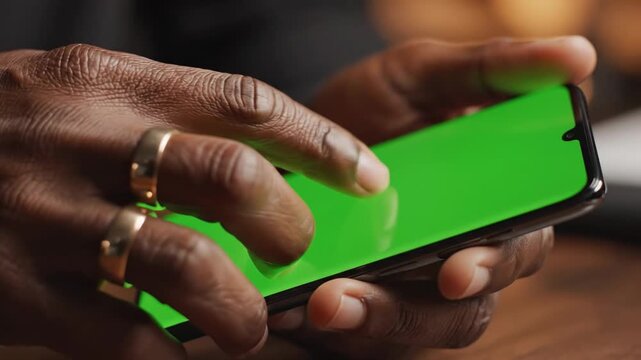 Close-up of a person's hands using a smartphone with a green screen display