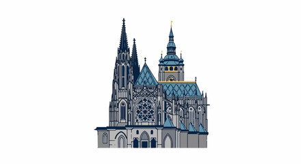 Obraz premium Gothic cathedral with spires and a rose window, blue roof