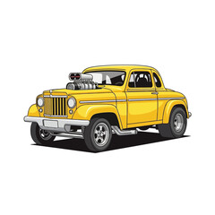 Obraz premium Yellow vintage hot rod coupe with supercharger, custom car illustration