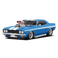 Obraz premium Blue Classic Muscle Car with Supercharger and White Stripes, Isolated
