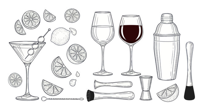 Cocktail Bar Essentials Collection Hand Drawn Sketch Style.
