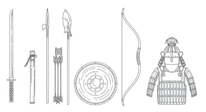 Collection of Ancient Japanese Warrior Weapons and Armor.