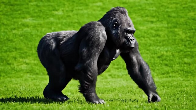 Majestic gorilla walks across a vibrant green grassy field in slow motion