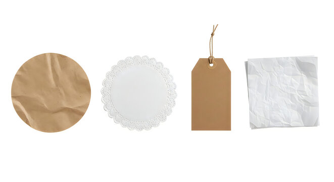Variety of paper products including brown paper, doily, tag, and tissue