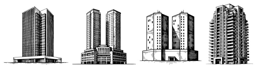 Collection of skyscraper towers and urban high-rise buildings in hand drawn sketch style © Kumamoto