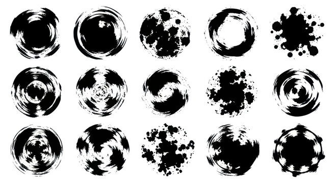 Collection of Black Ink Splatter and Brush Stroke Circles.