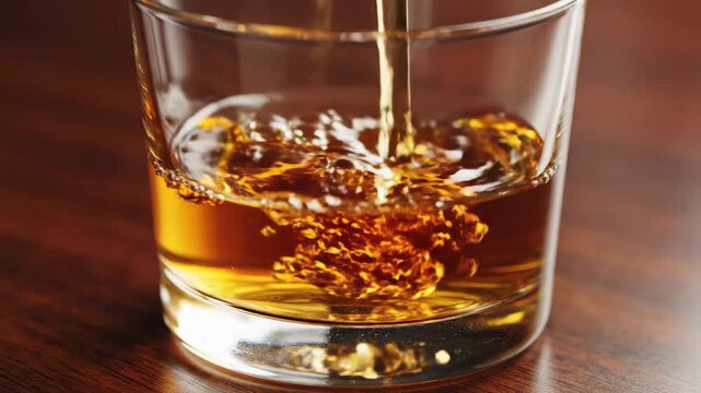 Pouring amber liquid into a glass, creating ripples and splashes on a wooden surface