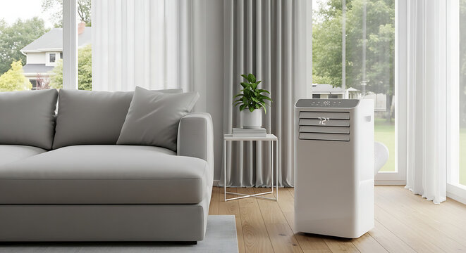 Contemporary white vertical portable AC unit standing in a bright minimalist living room, providing refreshing indoor climate control and comfort during hot summer days at home.