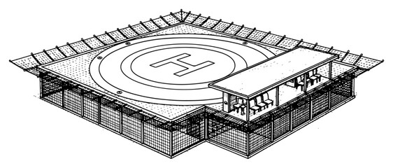 Helicopter landing pad on elevated platform with safety fence and shelter in vintage engraving style © Kumamoto
