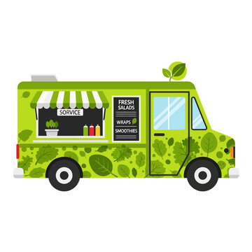 Healthy Food Truck with Green Leaves Pattern - Fresh Salads & Smoothies