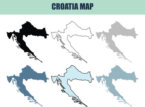 Croatia map outlines in various styles and colors for design and information