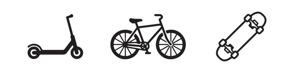 Fototapeta premium Vector icons of a kick scooter, bicycle, and skateboard in a clean bold outline style. Modern symbols for eco-friendly urban transportation and active lifestyle.