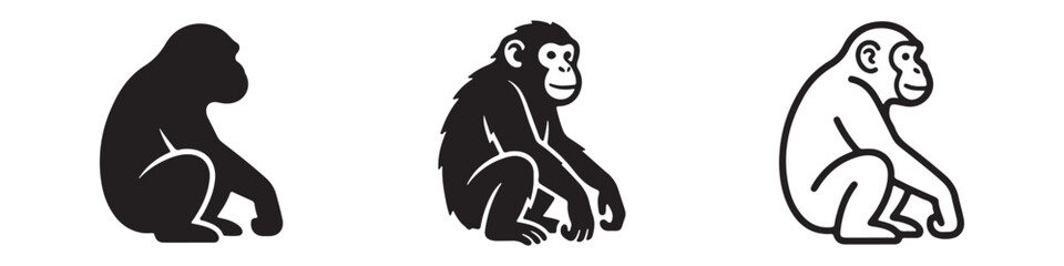Fototapeta premium Vector icons of a sitting monkey or chimpanzee in three styles: solid silhouette, detailed animal anatomy, and clean bold outline. Ideal for wildlife and nature themes.