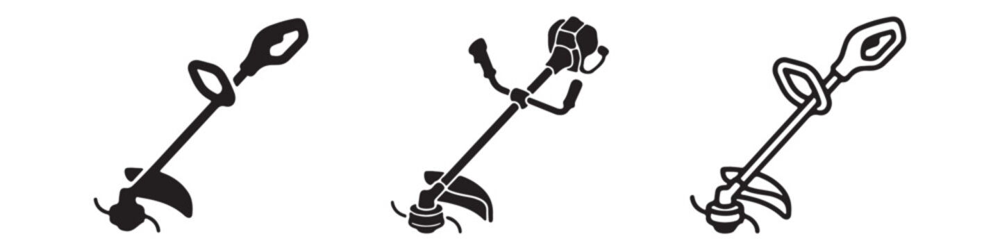Vector icons of string trimmers (grass cutters) in three styles: solid silhouette, detailed petrol trimmer, and bold outline. Professional equipment for lawn care and gardening.