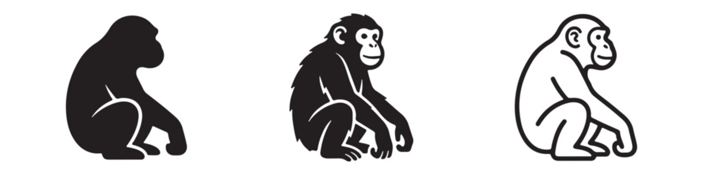 Vector icons of a sitting monkey or chimpanzee in three styles: solid silhouette, detailed animal anatomy, and clean bold outline. Ideal for wildlife and nature themes.