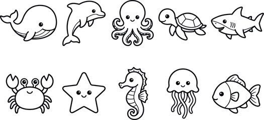 Set of sea ocean animals cartoon line art style illustrations  marine life © SAYEDAJANNATUL