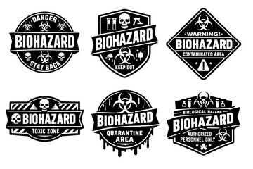 Fototapeta premium Biohazard warning labels set with skull symbol, danger warning signs, toxic zone, quarantine area emblems