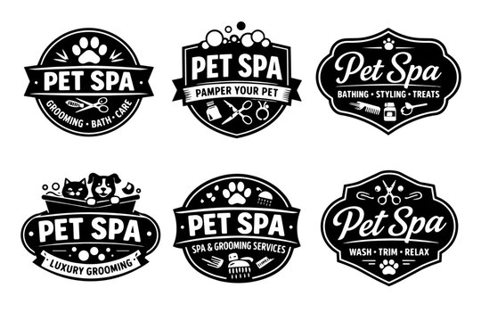 Pet spa grooming care service labels set, vintage animal bath clinic emblems, paw print dog cat wellness logos