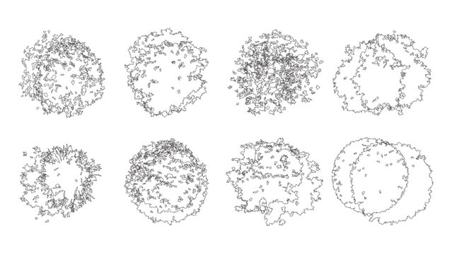 Architectural tree symbols top view line art vector pack for urban planning and site design.