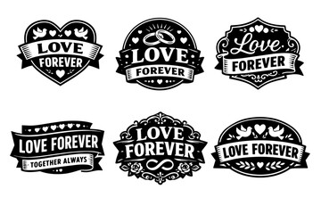 Obraz premium Love forever badge set with hearts, doves, wedding rings, and floral decorative elements, showing romantic vintage design