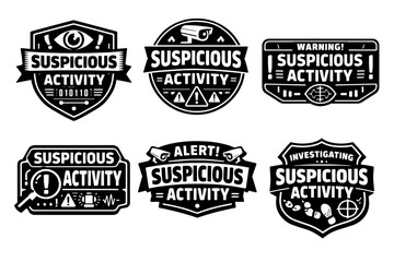 Fototapeta premium Suspicious activity badges and labels set with eyes, cameras, magnifying glass, footprints, and warning symbols