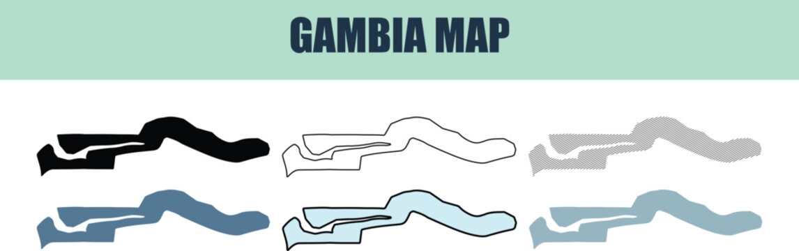 Gambia country outline maps in multiple color styles and fill patterns for design projects