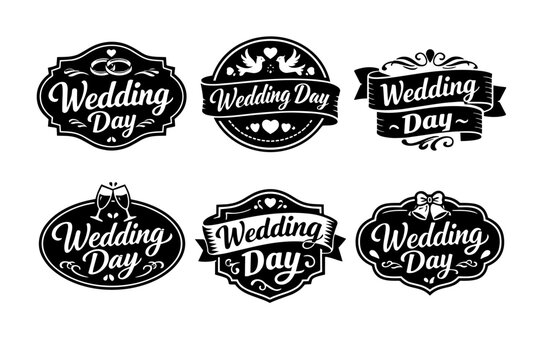 Wedding day labels set with romantic celebration elements, creating elegant black and white designs for marriage events