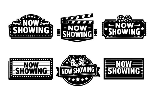 Now showing cinema movie marquee signs vector set with clapperboard, film reels, and spotlights for entertainment