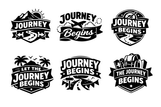 Black and white journey begins concept logos featuring travel elements like mountains, roads, airplanes, palm trees, and backpacks