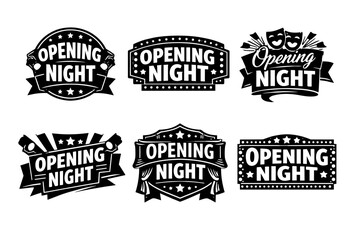 Obraz premium Collection of opening night logotypes presenting classic theater and film motifs with stars, light bulbs, and drama masks
