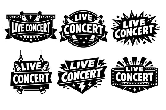 Live concert event emblem designs set. Music show labels, festival badges, and entertainment symbols for promotional use