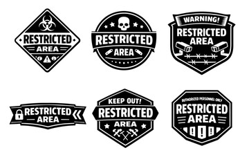 Obraz premium Restricted area signs set with various security and warning symbols including biohazard, skull, cameras and barbed wire