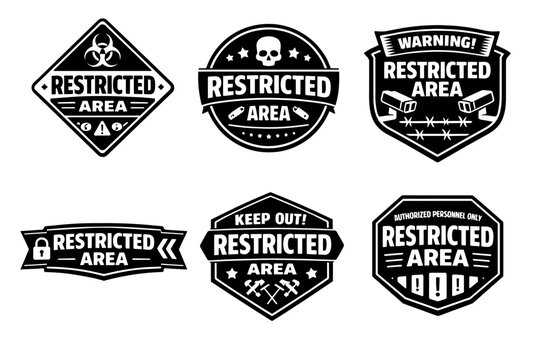Restricted area signs set with various security and warning symbols including biohazard, skull, cameras and barbed wire