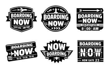 Obraz premium Airport boarding now badges and labels collection for air travel, flight departure, and passenger journey concepts
