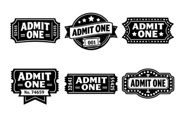 Obraz premium Admit one tickets collection for cinema, theater, concert, or event entry, vintage and retro style illustrations