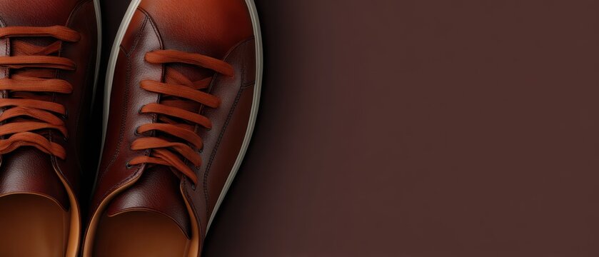 Close-up shot of two brown leather sneakers with matching laces and white soles, on brown surface