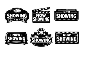Obraz premium Set of black and white vintage now showing designs, promoting upcoming films, theater events, and grand premieres