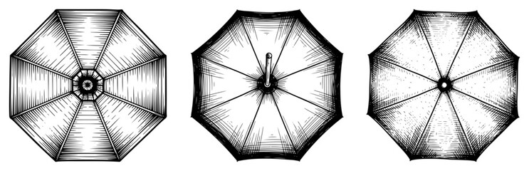 Patio sunshades and octagonal umbrellas from top view in hand drawn architectural sketch style © Kumamoto